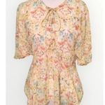 ZARA Yellow Floral Short Sleeve Lace Up Front Dainty Boho SemiSheer Blouse S NWT Photo 0