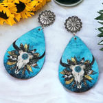 Handmade Wooden double‎ sided western style retro bullhead waterdrop dangle earrings Photo 0
