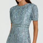 Mac Duggal  5980 Blue High Neck Short Sleeve Crystal Fringe Column Dress Photo 3