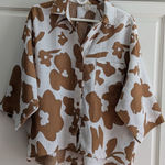 Magaschoni Women's Brown White Floral Linen Button Down Shirt L Photo 0