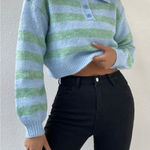 Little Lies Anthropologie Striped Collared Button Up Crop Sweater Knit Size S Blue Photo 0