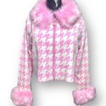 Show Me Your Mumu  3X Pink Houndstooth Faux Fur Zip Jacket Barbiecore Coquette Photo 1