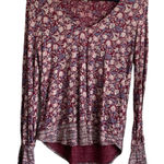 Lucky Brand Women Top S Maroon Floral Ruffle Cuff High Low Hem Cottage Grandma Photo 0