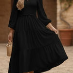 Bohme  Black Tencel Smocked Tiered Long Sleeve V-Neck MIDI Dress Photo 0