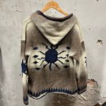 Handmade Native Pattern Wool Knit Sun Printed Brown & Navy Hooded Sweater Large Photo 3