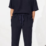 Eileen Fisher Puckered Organic Linen Drawstring Tapered Ankle Pant Blue Black M Photo 0