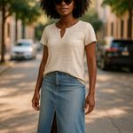 Old Navy Womens Top Size S Beige White Stripe Split Neck Knit Short Sleeve Photo 1