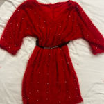 Elegant Red Knit Dress with Pearl Accents Photo 0