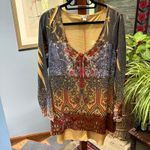 y2K Boho Damask Print Tattoo Design Long Sleeve Velvet Shirt size XL Brown Photo 1