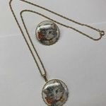 Matching Kitty Cat Gold Tone Pendant Necklace And Brooch Set Photo 0