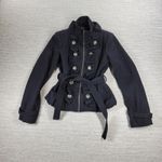 Grass Collection  Military Belted Jacket Womens M Black Wool Blend Ruffle Front Photo 2
