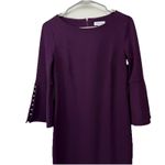 Calvin Klein  Purple 3/4 Bell Sleeve White Faux‎ Pearls Trim Sheath Dress Size 4 Photo 4