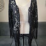 Upopby Black Boho Floral Lace Fringed Hem Sheer Short Duster Swim Cover Up Photo 2