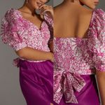 Anthropologie Maeve by Tie-Back Printed Crop Top Nuuly Pink White Puff Sleeve Sm Photo 1