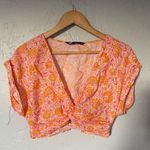 ZARA Pink Orange White V neck Twist Linen and Cotton Resort Floral Crop Top Photo 2