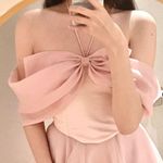 Japanese Kawaii Style Pastel Pink Bow Off Shoulder Top With Under Mini Dress Photo 3