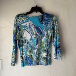 Women's Medium Y2k Retro Blue Green Floral Sequin Slinky Beaded Long Slv Blouse White Photo 4
