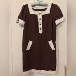 Vintage Brown & White Linen Short Sleeve Square Neck Shift Dress Tunic Photo 10