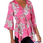 Nine West V-neck blouse 3/4 slv pink tulip black white floral magnolia springs Photo 0