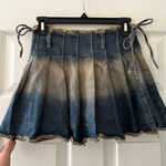 Distressed Washed Denim Pleated Mini Wrap Bow Skirt Blue Size XS Photo 0