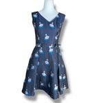 Retro Navy Blue Swan Print Sleeveless Fit and Flare Dress Bow Detail V Neckline Photo 10