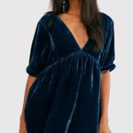 Free People  Dress Blue Ivy Mini Velvet V Neck Short Sleeve A Line Boho Small Photo 0