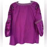Charter Club  Embroidered Boho Peasant Top Magenta Cotton 3/4 Sleeve V-Neck Large Photo 2