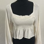 Final Touch  Cream Smocked Cropped Flowy Peplum Keyhole Tie Back Top Photo 4