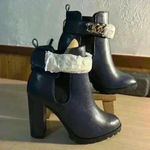 Shoedazzle Blue Faux Leather Chunky Sole High Heel Bootie w/ Ankle Chains Photo 2