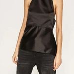 ZARA Satin Effect Open Back Top Asym Hem Dressy Black Halter Sz. S preowned Photo 3