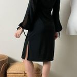 vintage 90s black v neck faux wrap cut out sleeve slit knee length midi dress Photo 4
