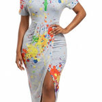 NEW Sexy Paint Splattered Midi Dress Gray Size M Photo 0