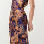 Fore Boutique Satin Purple Gold Floral Maxi Dress Strapless Open Cowl Back Photo 0