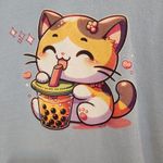 Gildan Kawaii Anime Kitty Calico Cute Cat Boba Tea Blue Graphic T-Shirt Size Small Photo 3