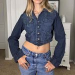Dark wash denim cropped button up denim jacket Blue Size XS Photo 2