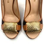 Escada Logo Plate Woven Canvas Brown Peep Toe Pumps Heels Shoes Womens size 38 Photo 9