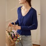 Simple Retro Scallop Trim Cable Knit Cardigan Sweater Tan Size M Photo 8