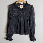 Farm Rio  Metallic Stripe Ruffle Shirt Blouse Women's Small Black Top Boho NWOT Photo 6