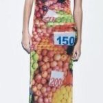 ZARA Ruched Mesh Maxi Dress Strappy Sleeveless Fruit Stand Print Colorful Size S Photo 1