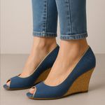 A J Valenci Peep Toe Denim Wedge Pumps Blue Gold Trim Size 9W – EUC Photo 0