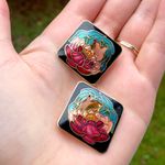Cloisonné flower colorful clip on earrings vintage diamond shape red blue gold Photo 1