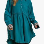 Umgee NWT  Teal Linen Blend Animal Print Long Sleeve ‎ High Low Dress  MEDIUM Photo 0
