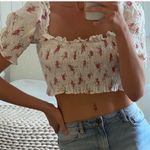 Beige Botany Blue Eyelet Smocked Crop Tie Shoulder Puff Sleeve Floral Blouse M Size M Photo 5