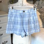 American Eagle  Cotton Linen Blue Plaid Shorts Comfy Elastic Back Waist Womens S Photo 0