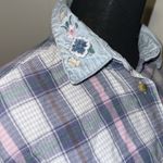 VINTAGE PASTEL FLANNEL PLAID BUTTON UP FLORAL DENIM COLLAR Blue Size M Photo 2