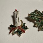 Lot Of Christmas Holiday Brooch Pins Gold Tone Red / Green Holly Branch & Candle Photo 3
