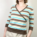 Old Navy Vintage y2k  Brown & Blue Striped Surplice Eyelet Knit Blouse Shirt Top Photo 0