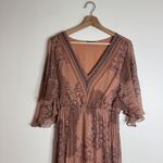 Massimo Dutti Dress Womens 8 Rust Floral Boho Maxi V Neck Sheer Lined Flowy Photo 1
