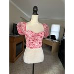 SheIn Floral Print Knot Front Pink Crop Blouse Puffy Sleeve Size L Sheer Sleeve Photo 2