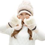Women Knit Beanie Winter Ski Hat Cap with Earflap Pom Glove Set Photo 3